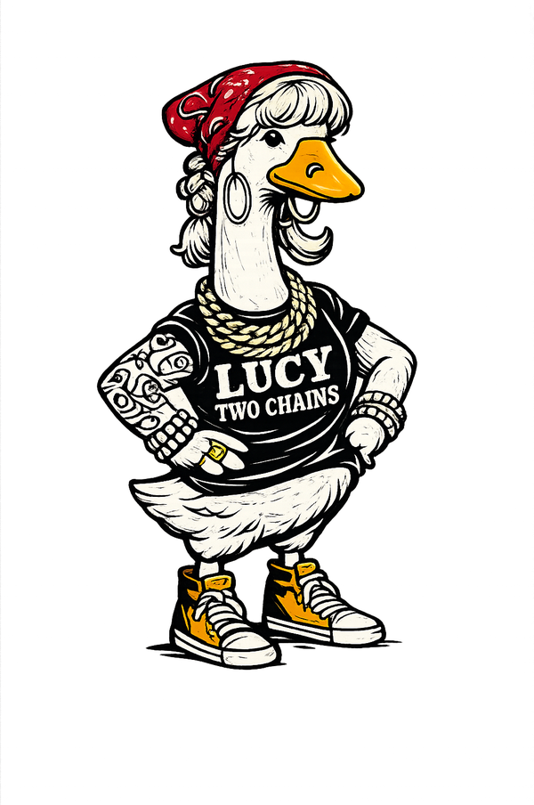 Lucy Two Chains, the porch goose drawn in a bandana and gold chains
