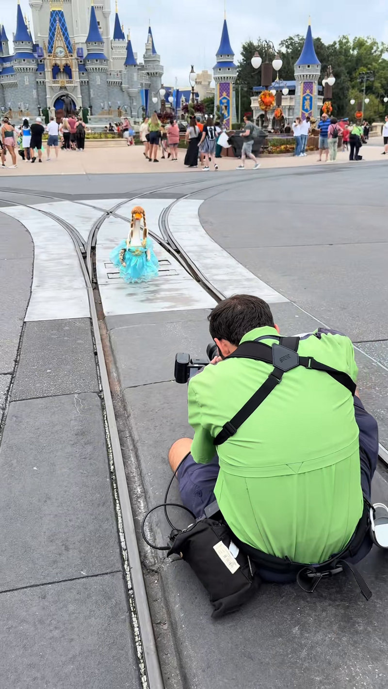 Lucy Goosey the porch goose in a teal ballgown and braided wig standing on the tracks in front of Cinderella Castle while a park photographer kneels to take her picture