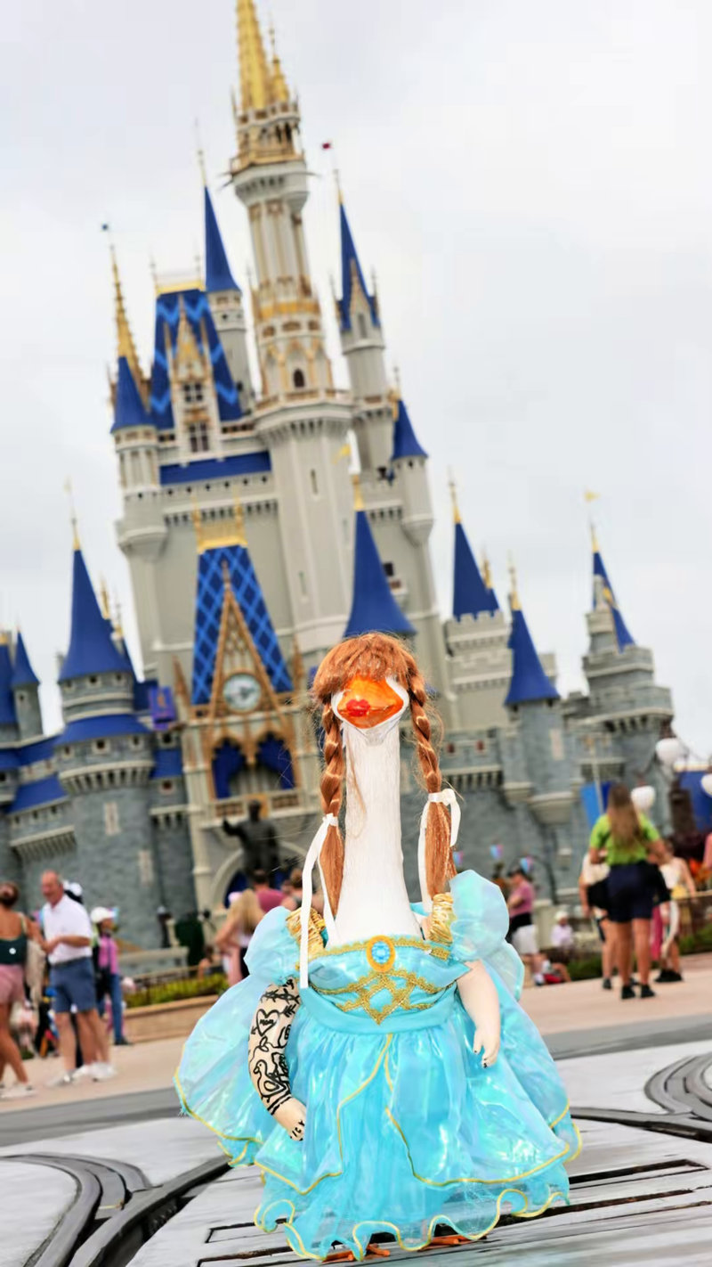 Lucy Goosey the porch goose in a teal princess ballgown and braided wig in front of Cinderella Castle